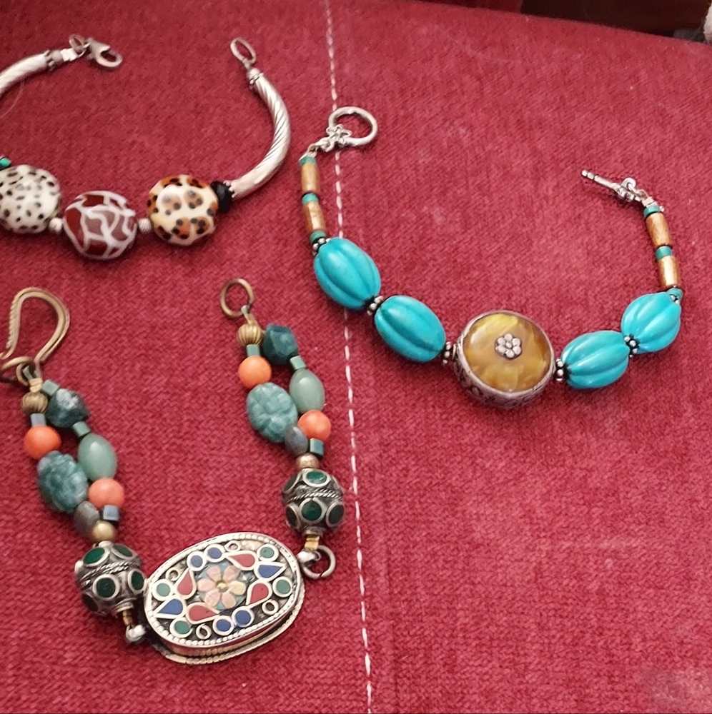 Three hand crafted bracelets handmade glass beads ,tebetain  beads Turquoise